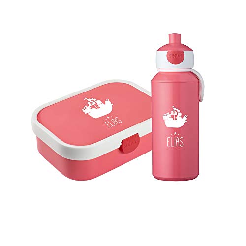 4you Design Set: Pinke Brotdose & Trinkflasche -Schiff Silhouette- personalisiert mit Namen – mit Box-Einsatz, Gabel & Pop-Up Flasche für die Schule (Pink)