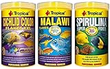 Tropical 1 Liter Spirulina Forte 36% + 1 Liter Malawi Flocken + 1 Liter Cichlid Color Flakes 3 er Set Fischfutter