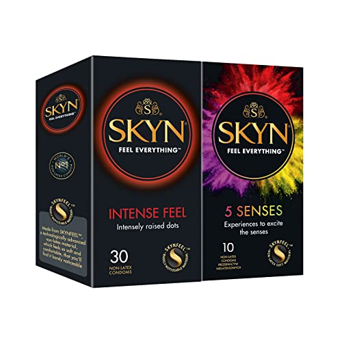SKYN Intense Feel Kondome (30 Stück) & 5 Senses Kondome (5 Stück) | Skynfeel Latexfreie Kondome für Männer, Hauchzart, Extra Starken Noppen, Stimulierend, 53mm Breite, verwendbar mit unsere lubes