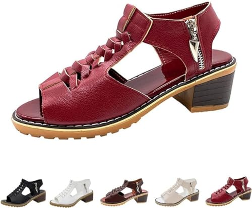 Toe Cutout Zipper Chunky Heeled Sandals,Womens Comfy Orthotic Sandals Heeled,Summer Cutout Breathable Roman Sandals (Wine Red, Erwachsene, Damen, 43, Numerisch, EU Schuhgrößensystem, M)