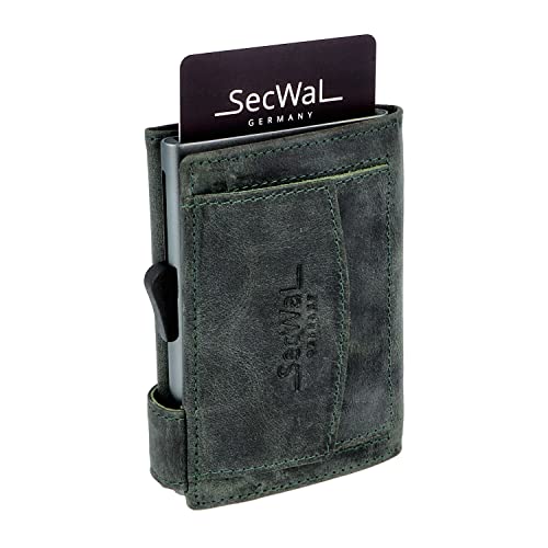 SecWal Kreditkartenetui mit Münzfach Druckknopf - Echtleder Mini Geldbörse inkl. E-Book für Damen und Herren - RFID Schutz (Hunter Grün)