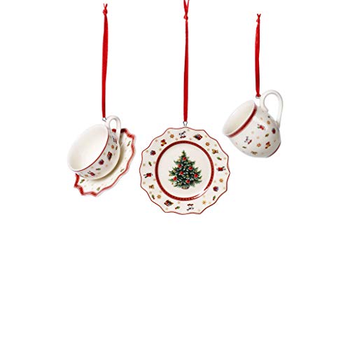 Villeroy & Boch Toy's Delight Decoration Ornamente Geschirrset 3tlg., Ornamente zum Hängen, Premium Porzellan, Textilien, Metall, weiß, rot, 6,3 cm