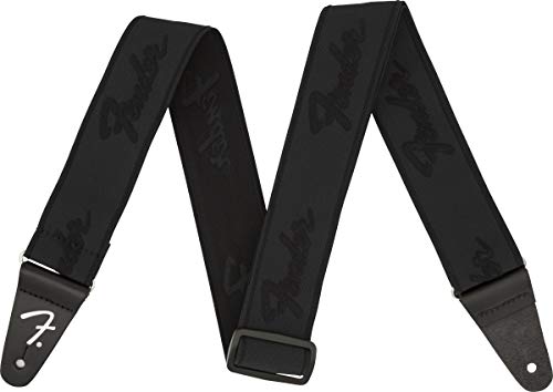 Fender WeighLessTM 2" Running Logo Strap, Black/Black
