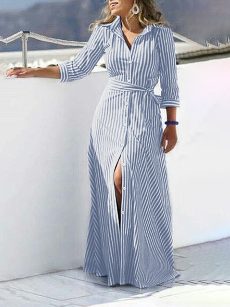 Damen 100% Baumwolle Klassischer gestreifter Druck Revers Knopf vorne Schnür-Freizeithemd Kleid