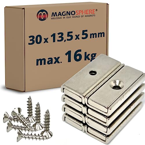 8 Stück - Magnetleiste starker Magnethalter 30 x 13,5 x 5mm, Neodym Magnet extra stark mit Senkbohrung, starker Halt, für Büro, Haushalt oder Werkstatt - hält 16 kg