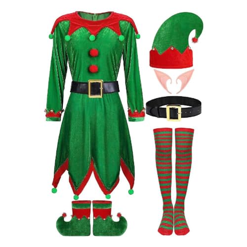 WuLi77 6-teiliges Weihnachts Elf Kostüm Weihnachtskleid Mütze Elfenohren Gestreift Oberschenkelstrümpfe Schuhe Überzüge Weihnachtskostüm Geschenke Weihnachts Elf Kostüm Für Erwachsene Und Damen