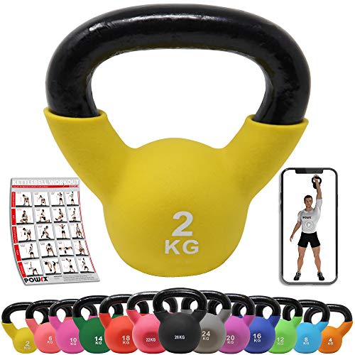 Kettlebell Neopren 2-26 kg inkl. Workout I Kugelhantel in versch. Farben und Gewichten I Bodenschonende Schwunghantel (2 kg (Gelb)), hantelscheiben 30mm