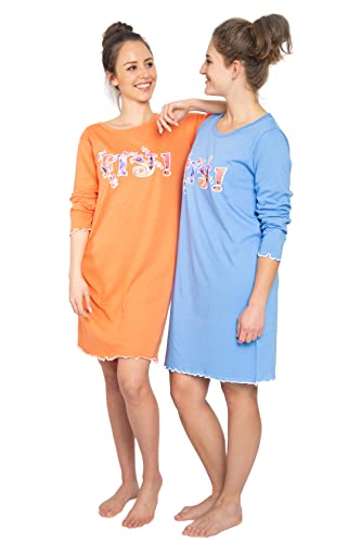 Consult-Tex Damen Langarm Nachthemd Baumwolle 2 Stück Packung DF855 (46/48, blau-orange)