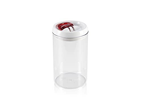 Leifheit Fresh and Easy Vorratsbehälter 2, 0 L, rund, luft- und wasserdichte Vorratsdose mit patentierter Einhand-Bedienung, Frischhaltedose, stapelbare Aufbewahrungsboxen, transparent, rot
