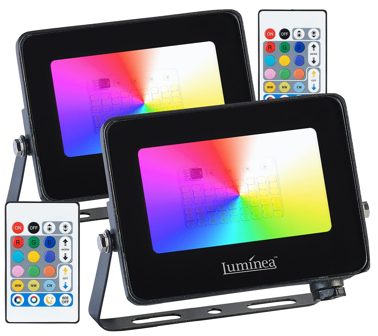 Luminea LED Farbwechsel: 2er-Set wetterfeste Outdoor-Fluter, RGB-CCT-LEDs, 15 W, 1.250 lm, IP65 (LED Strahler bunt, LED RGB Strahler, Arbeitsleuchte)