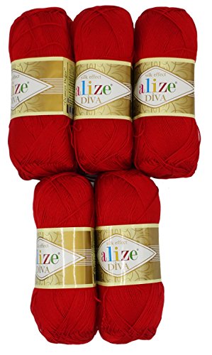 Alize 5 x 100 Gramm Wolle Diva Batik einfarbig, 500 Gramm merzerisierte Strickwolle Microfiber-Acryl (rot 106)
