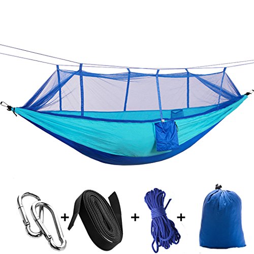 Outdoor-Camping-Hängematten mit Moskitonetz, tragbar, Fallschirmzelt für zwei Personen, 260 x 140 cm, Tragkraft: 200 kg, Blau