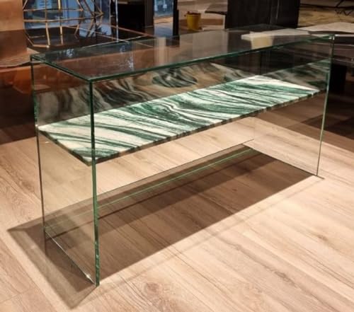 Casa Padrino Luxus Glas Konsole mit Marmor Regal Grün/Cremeweiß 90 cm