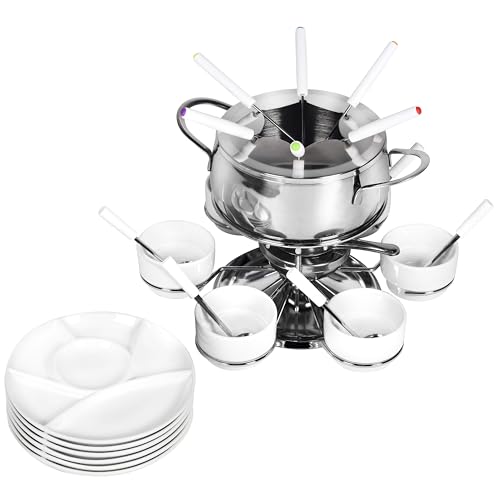 Ribelli Fondue Set 28-teilig Edelstahl 6X Gabel, Löffel, Teller, Schälchen Käsefondue Fleischfondue 6 Personen