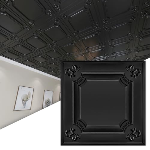 Art3d Deckenfliesen, 61 x 61 cm, Schwarz, 12er-Pack, 4.5 m², zum Verkleben, 2 x 2