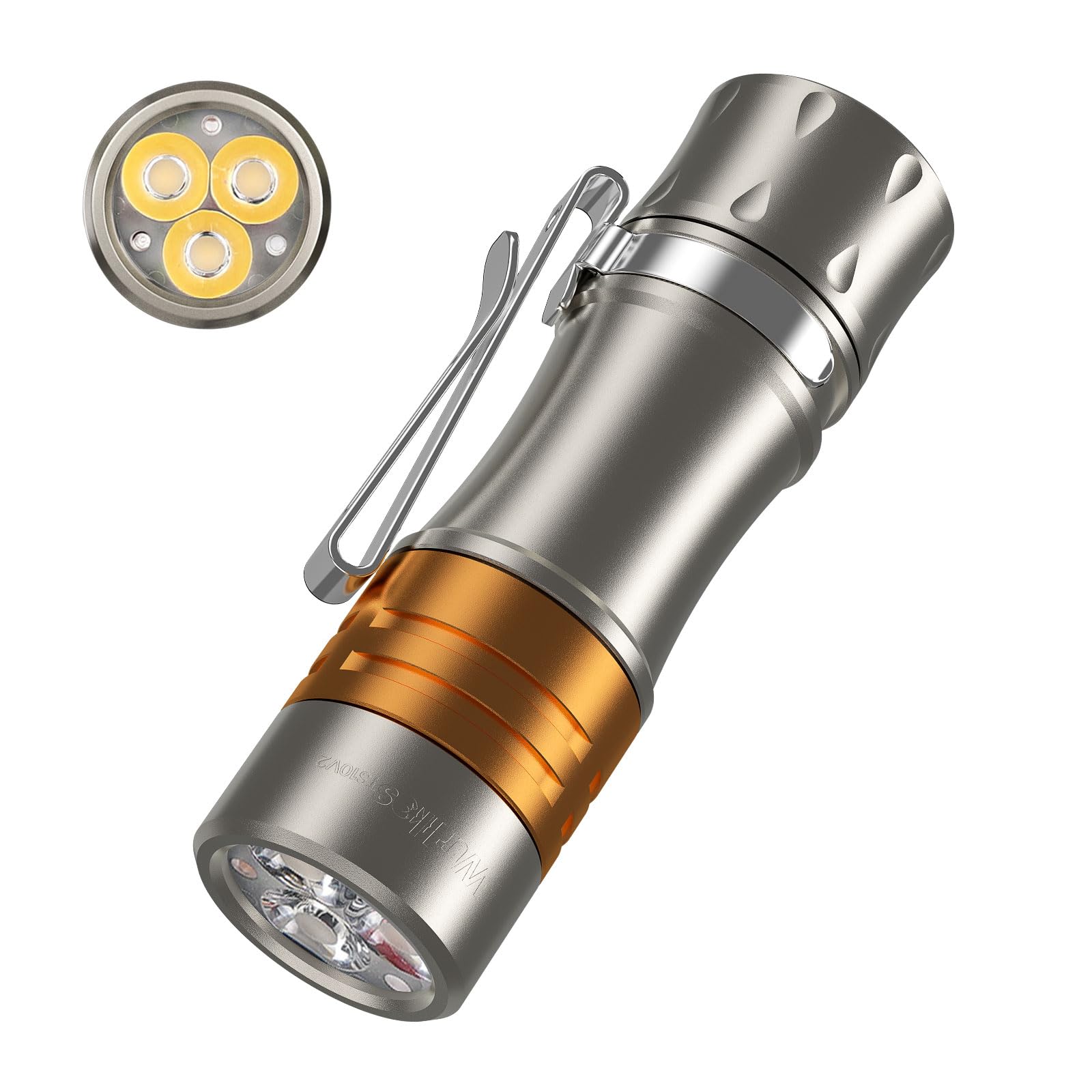 Wurkkos TS10 EDC-Taschenlampe, wiederaufladbar, kleine leistungsstarke Taschenlampe, hohe Lumen, Titanlegierung + Kupfermaterial, 3 LEDs, 1400 l, hell und 3 RGB-AUX-LEDs, Anduril 2.0 UI IP68 (4000 K)