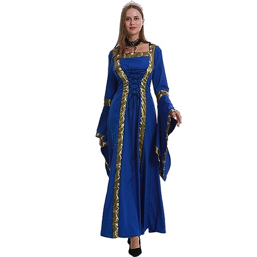 ZOUTYI Frauen Mittelalterliches Kapuzenkleid Viktorianische Königin Prinzessin Cosplay Halloween Hexe Bandage Maxi Robe Renaissance Partykleid,Blau,XXL
