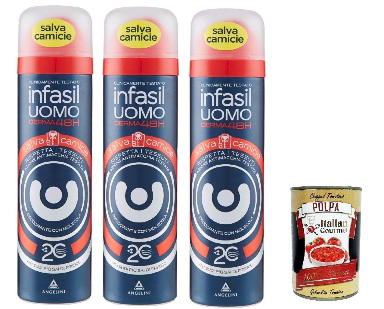 Infasil Deodorant Spray für Herren Derma 48h Hemdschutz mit Molekül 2C, für Männerkleidung, Deo 3x 150 ml + Italian Gourmet polpa 400g