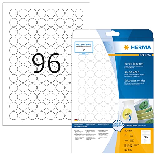 HERMA 4386 Universal Etiketten DIN A4 ablösbar, 32er Set (Ø 20 mm, 800 Blatt, Papier, matt, rund) selbstklebend, bedruckbar, abziehbare und wieder haftende Adressaufkleber, 76.800 Klebeetiketten, weiß
