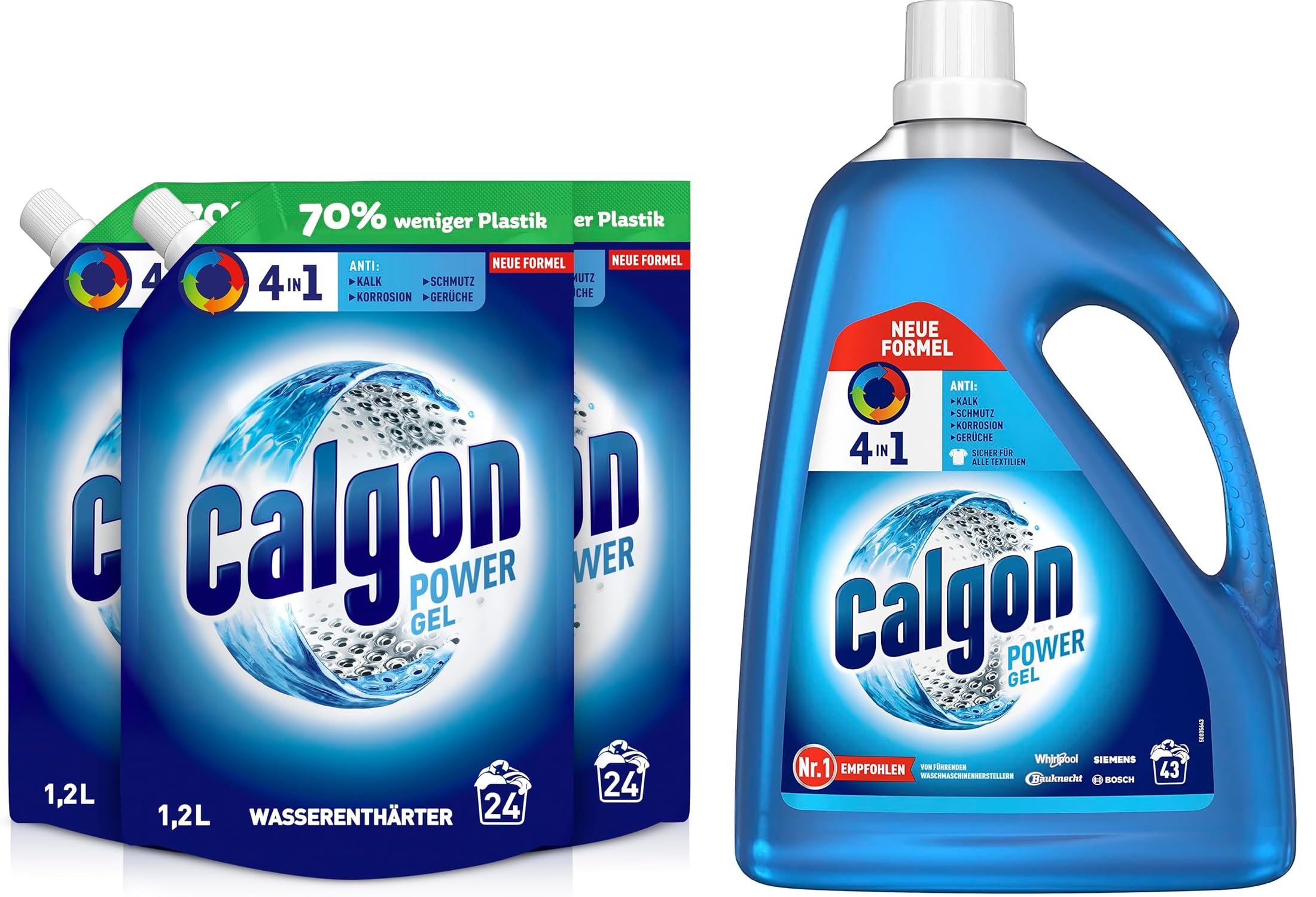 Calgon 4-in-1 Power Gel - Wirksam gegen Kalk, Schmutz, Gerüche und Korrosion – Schützender Wasserenthärter für die Waschmaschine 2,15 L + Calgon Gel 3 x 1,2L Nachfüller