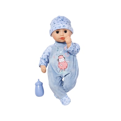 Zapf Creation 706473 Baby Annabell Little Alexander 36cm - weiche Puppe mit Stoffkörper, Blauer Strampler, Blaue Schlafaugen und Fläschchen.