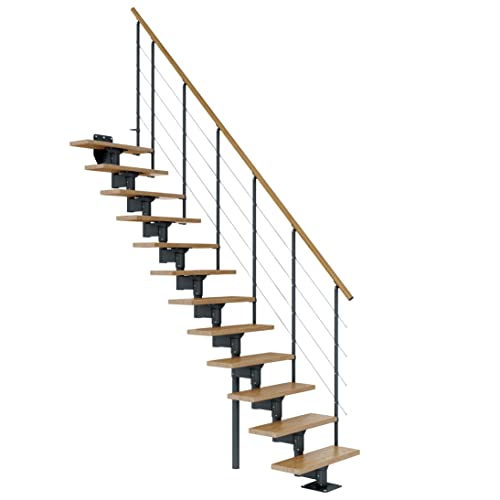 DOLLE Mittelholmtreppe Boston | 11 Stufen | Geschosshöhe 228 – 300 cm | Geradelaufend | Eiche, lackiert | Unterkonstruktion: Anthrazit (RAL 7016) | volle Stufen 70 cm | inkl. Geländer | Nebentreppe