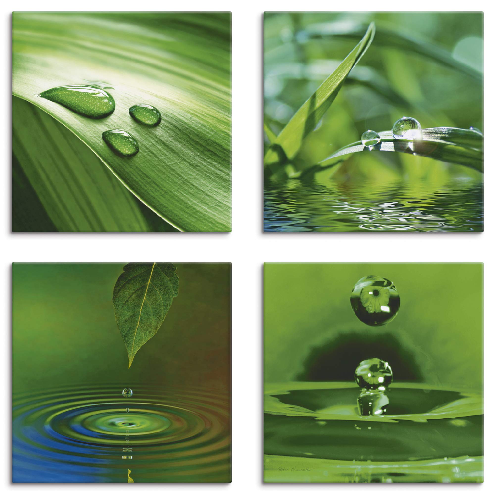 ARTLAND Wellness Bilder Leinwandbilder Set 4tlg. je 20x20 cm Quadratisch Wandbilder Zen Pflanze Gras Wassertropfen K2IQ