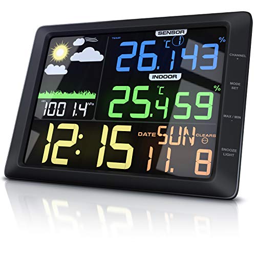 CSL - Wetterstation mit Farbdisplay und Außensensor - 20 cm LCD Farbdisplay - Luftdruck Barometer Temperatur Wettervorhersage Frostalarm Datum Uhrzeit - Wecker mit Schlummerfunktion