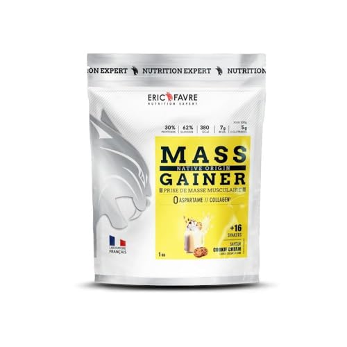 MASS GAINER +61 % Kohlenhydrate aus zwei Quellen, 30 % Protein, schneller Masseaufbau, Gewichtszunahme und Muskelmasse – Eric Favre – Cookies 1 kg