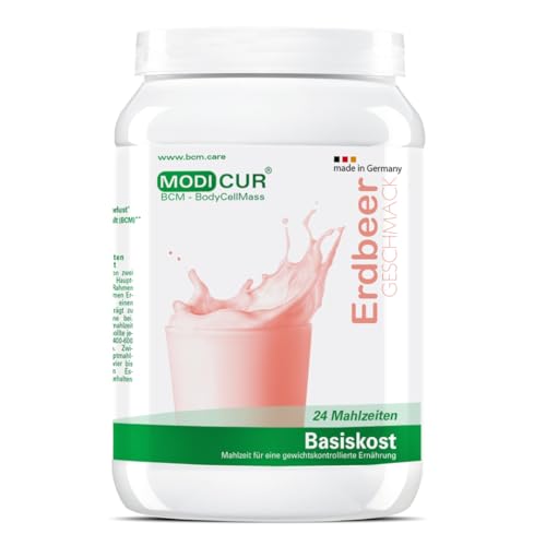 BCM Basiskost Erdbeer - Diät Shake - Das Original - 24 Portionen (500 g) - Modicur (Eiweiss – Protein - Low Carb Formula Diät zum Abnehmen – Mahlzeitenersatz)