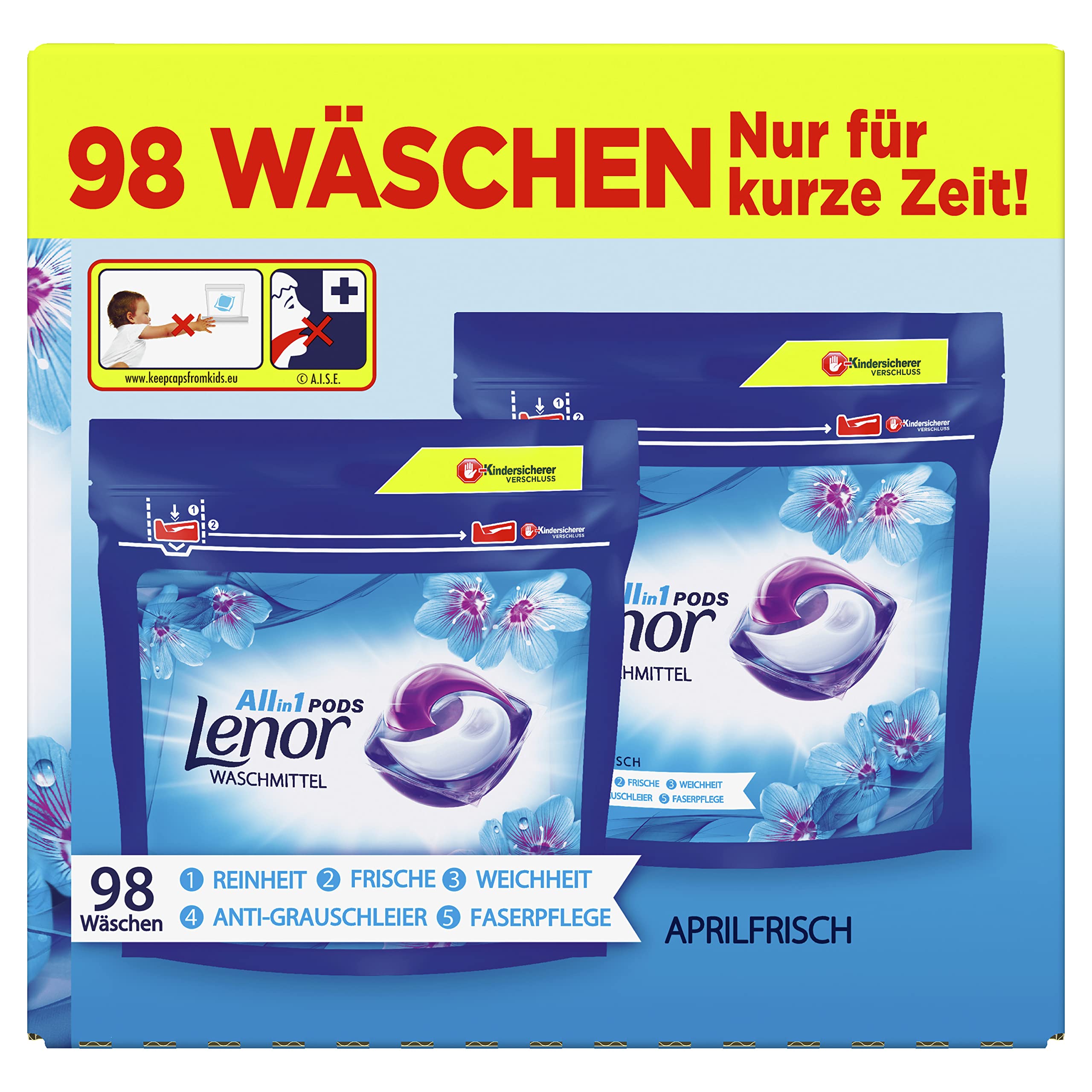 Lenor Waschmittel Pods All-in-1, 98 Waschladungen (2 x 49) Lenor Aprilfrisch mit Duft von Frühlingsblumen