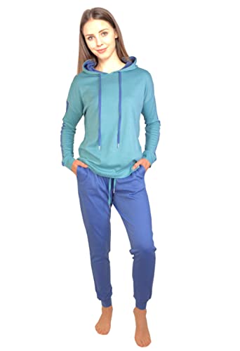 Consult-Tex Damen Pyjama Freizeitanzug Hausanzug Homewear Suit Jogginganzug Baumwolle/PE mit Kapuze und kontrastfarbigen Streifeneinsatz DW200 (as3, Numeric, Numeric_52, Numeric_54, Regular, Regular)