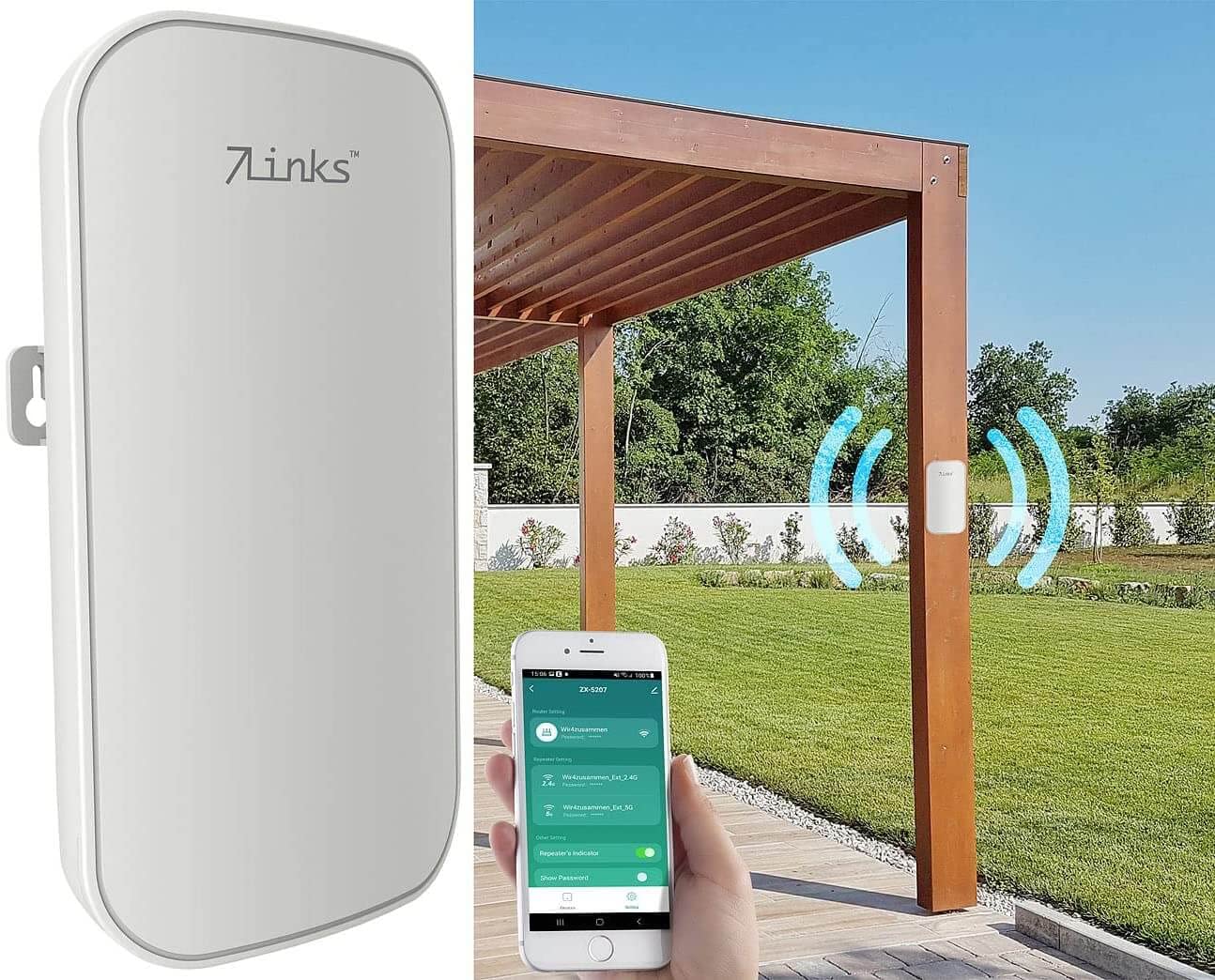 7links WLAN Verstärker Outdoor: Outdoor-WLAN-Repeater, 1.200 Mbit/s, Dual-Band 2,4+5,0 GHz, App, 80 m (WiFi Antenne, Outdoor WiFi, Range Extender)