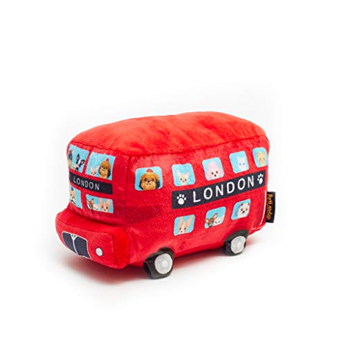 PetLondon roter London-Bus Hundespielzeug aus weichem Plüsch, 22,9 cm, 3D-Design mit Bulldogge, Pudel, Chihuahua, Zwergspitz, Dackel, Hundefiguren im Fenster