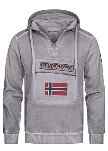 Geographical Norway Herren Hoodie Gymclass Washed Look Chestpocket Half Zip Hoodstrings Patches & Embros, Light Grey, Gr:L