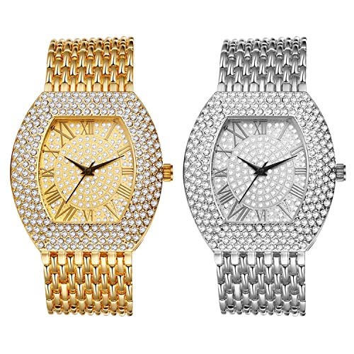 JewelryWe 2pcs Uhren Damen Herren Analog Quarz Armbanduhr Elegant Rechteckige Strass Glitzer Uhr mit Breitem Metall-Armband und Werkzeug Gold Silber