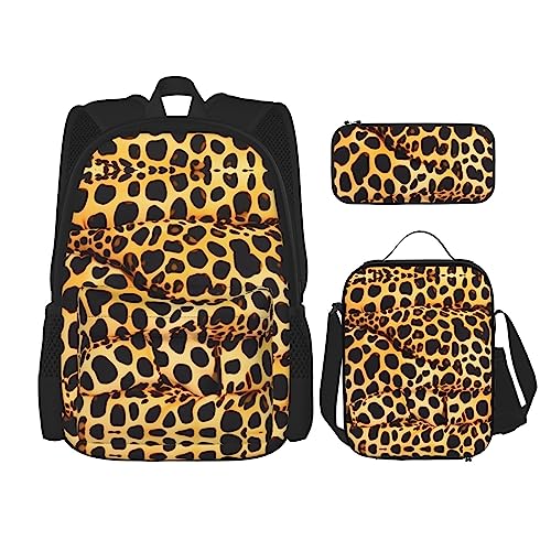 OdDdot Schulrucksack-Set, Reiserucksack, leichte Büchertasche, mit Lunch-Tasche, Federmäppchen, lustiger Cartoon-Mops-Welpen-Aufdruck, Lustige Leopardenmuster, Einheitsgröße, Schulranzen-Set