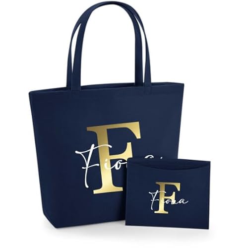 AWASG Filztasche Damen-Tasche mit kleinem Etui - Bedruckt und Personalisiert mit Buchstabe Monogramm Name - Shopper Geschenk für Sie (navy)