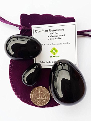 Polar Jade Obsidian Gemstone Eggs 3-PCS Set, Drilled with Unwaxed String & Instructions, for Strengthening Yoni Pelvic Floor Muscles, L, M and S 3 Sizes, 100% Genuine by Polar Jade