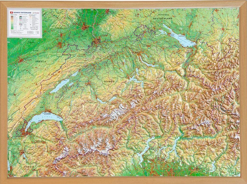 Schweiz, Reliefkarte 1:500.000 mit Naturholzrahmen: Tiefgezogenes Kunststoffrelief