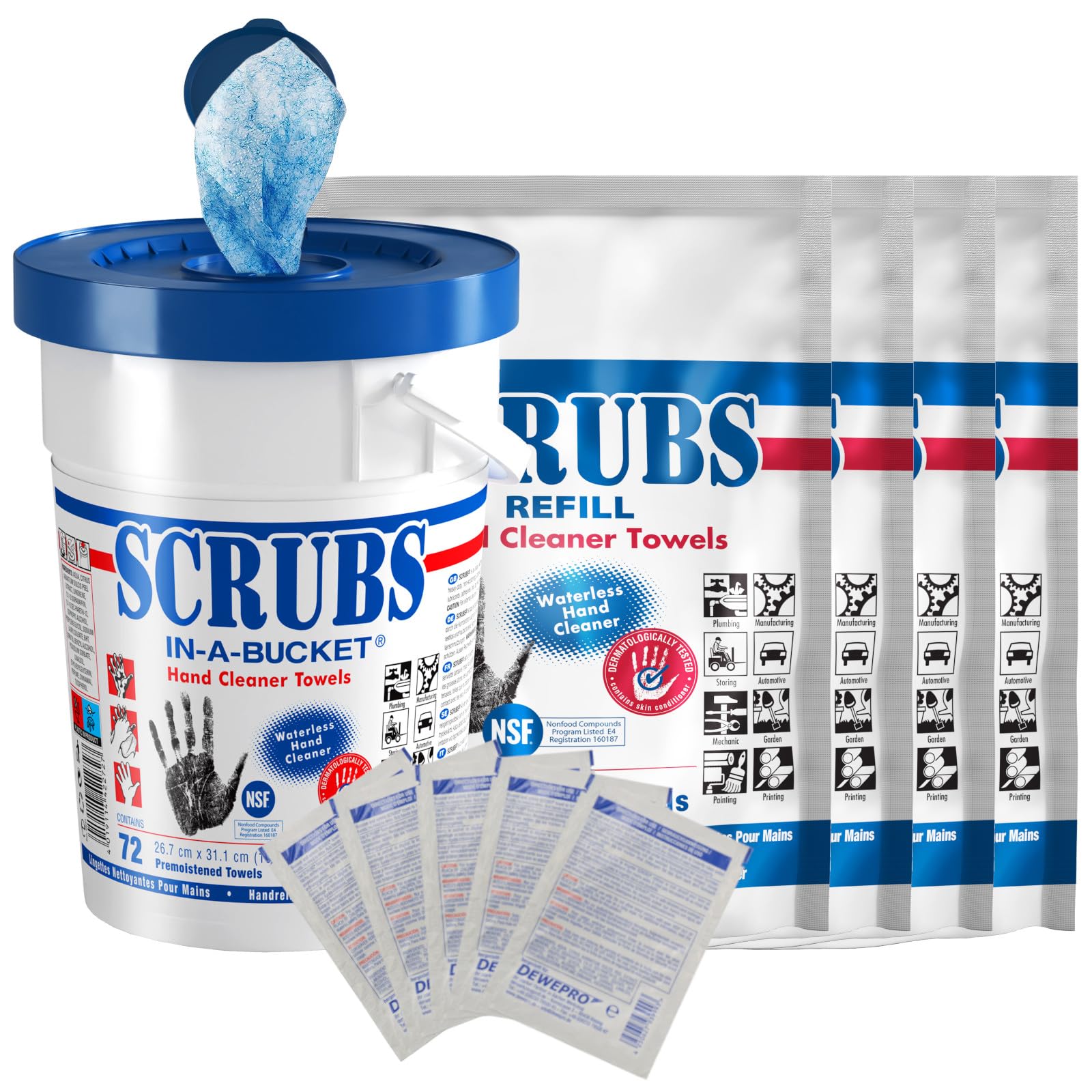SCRUBS in-a-bucket mit 4 nachhaltigen SCRUBS Refill Nachfüllpacks mit je 72 Stück Handreinigungstücher inkl. 5 St. DEWEPRO® SingleScrubs