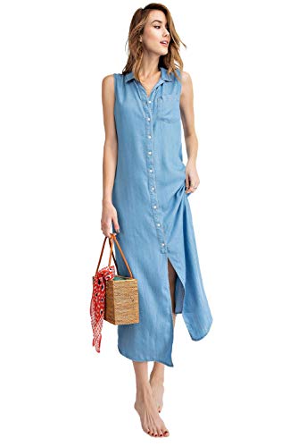 ANNA-KACI Damen Ärmellos Taschen Blau Jeans Denim Knopf Collar Stehkragen Lang Shirt Kleid Blusenkleid
