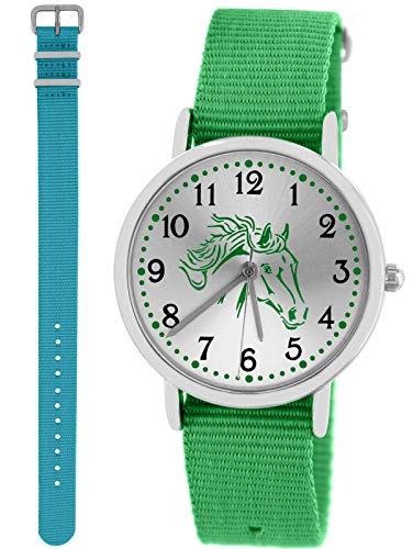 Pacific Time Mädchen Jungen Uhr Pferde analog Quarz mit 2 Wechsel Textilarmband grün hellblau 10230