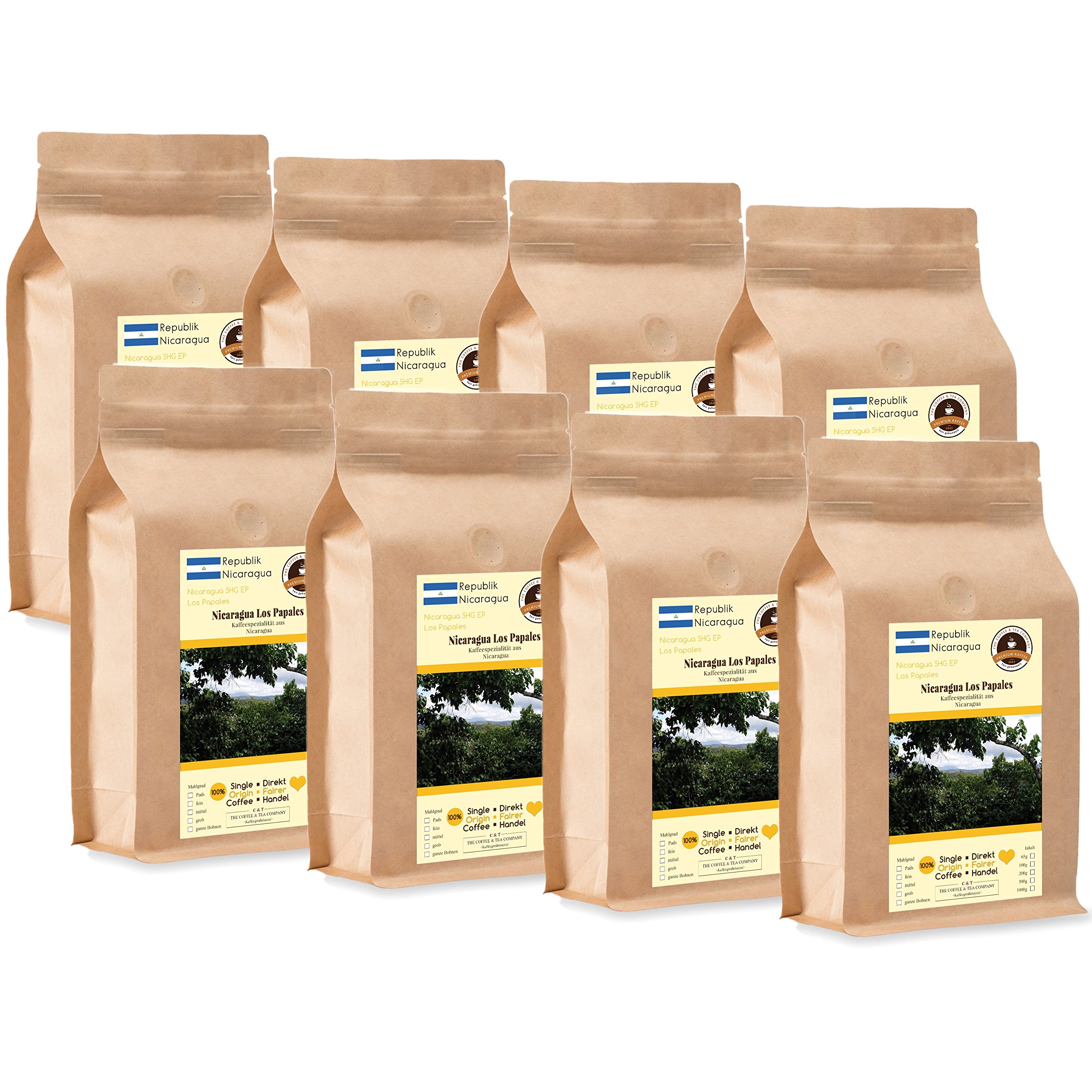 Kaffee Globetrotter - Kaffee Mit Herz - Nicaragua Los Papales - 8 x 1000 g Mittel Gemahlen - für Kaffee-Vollautomat, Kaffeemühle - Röstkaffee Fair Gehandelt | Gastropack Sparpack