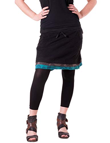 Vishes - Alternative Bekleidung - Kurzer Lagenlook Rock aus Baumwolle - mit Taschen zum Binden schwarz-türkis 34