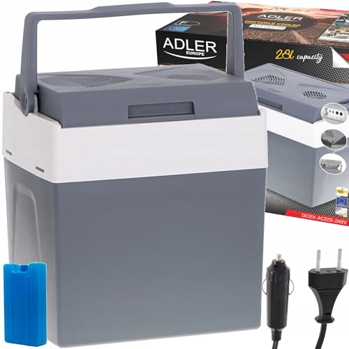 ADLER EUROPE - Kühlbox mit Griff 28 L - Tragbare Autokühlbox - Set mit Autokabel und Steckdose - Camping-Kühlbox zum Kühlen von Getränken - Heizfunktion