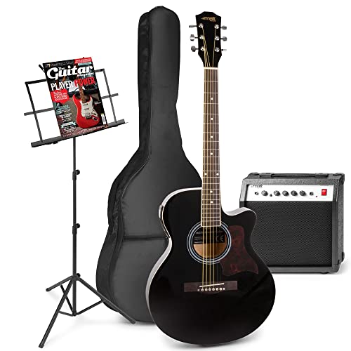MAX ShowKit Elektrische Akustikgitarre, Akustische E-Gitarre Set - Gitarrenverstärker 40 Watt, Notenständer, Gitarren-Stimmgerät, Gitarrentasche und Plektrum - Schwarz