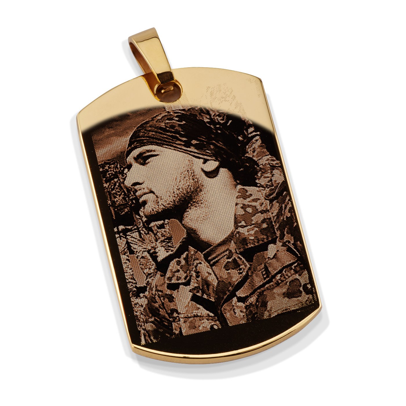 Dog-Tag mit Foto-Gravur I Ihr Bild + Text gravieren Gold Ketten-Anhänger + Silber-Kette