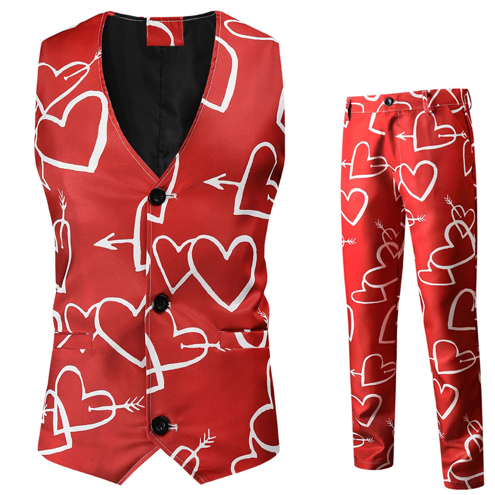 Herren Anzug Slim Fit 2-Teilig, Herz Anzüge Suit Vest Smoking Sakko【3 Button】 Valentinstag Trousers Weihnachtsanzüge Passen/Umfassen Hose+Weste von Colorful (Rot, XL)