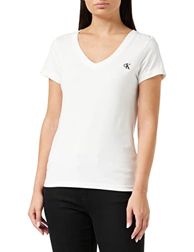 Calvin Klein Jeans Damen Ck Embroidery Stretch V-Neck T-Shirt, Bright White, 40 (Herstellergröße: X-Large)